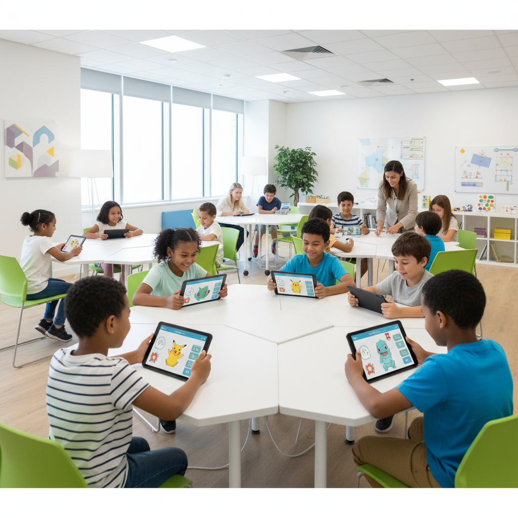 Enfants jouant et apprenant avec des jeux Pokémon éducatifs sur tablette