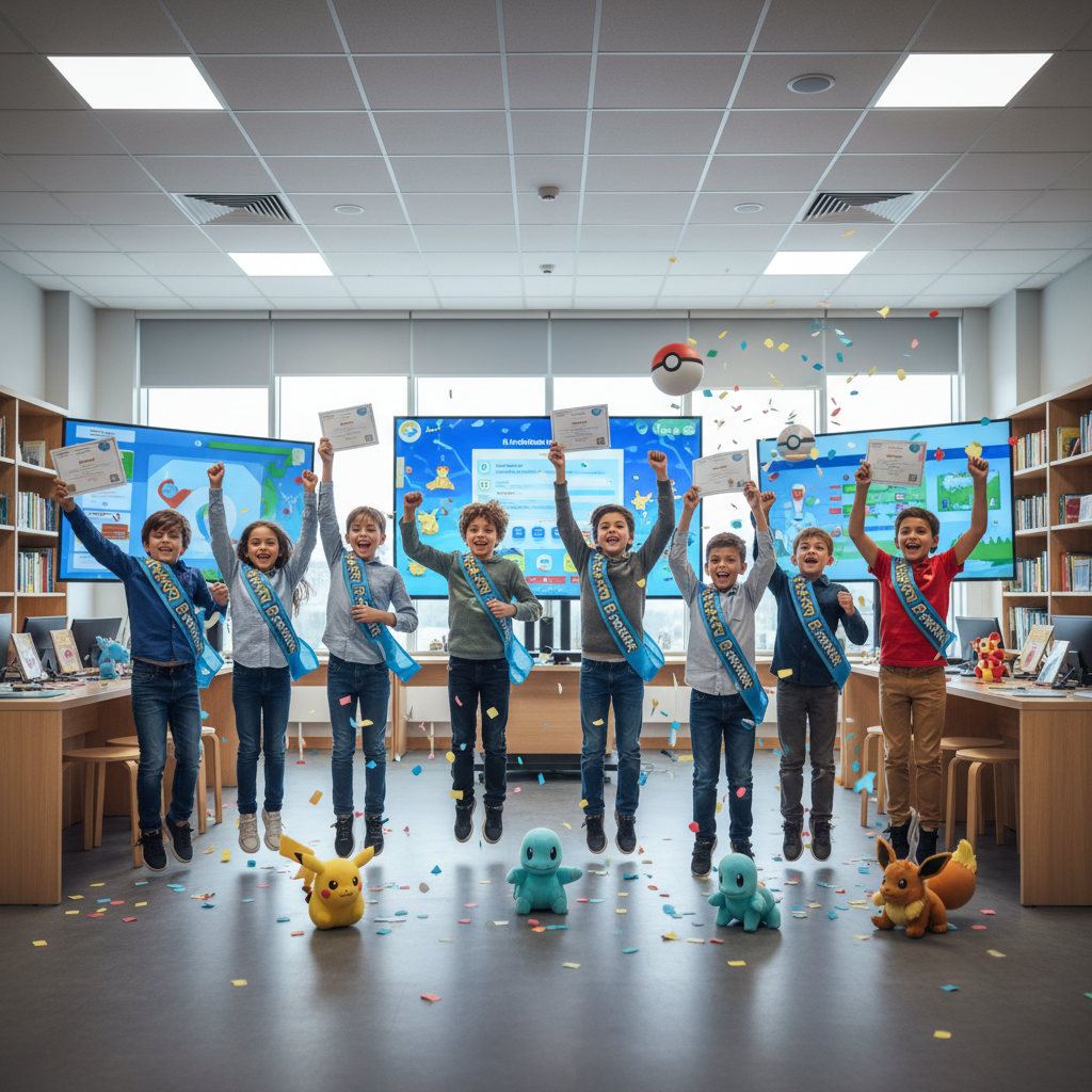 Enfants célébrant leurs réussites éducatives avec leurs Pokémon préférés